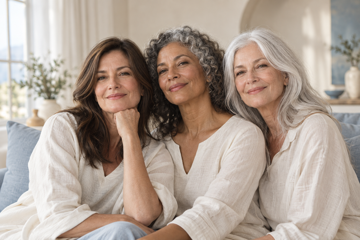 Tres mujeres maduras compartiendo un momento de bienestar