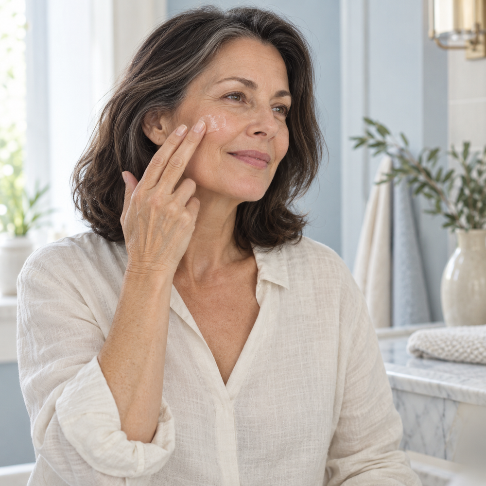 Una mujer aplicando su cuidado facial con suavidad